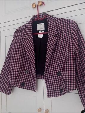 Bershka Pink and Black Gingham Cropped Blazer